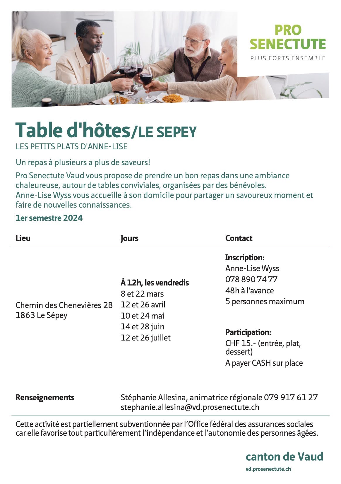 PRO SENECTUTE VAUD Table d'hôtes - Le Sépey, 1er semestre 2024
